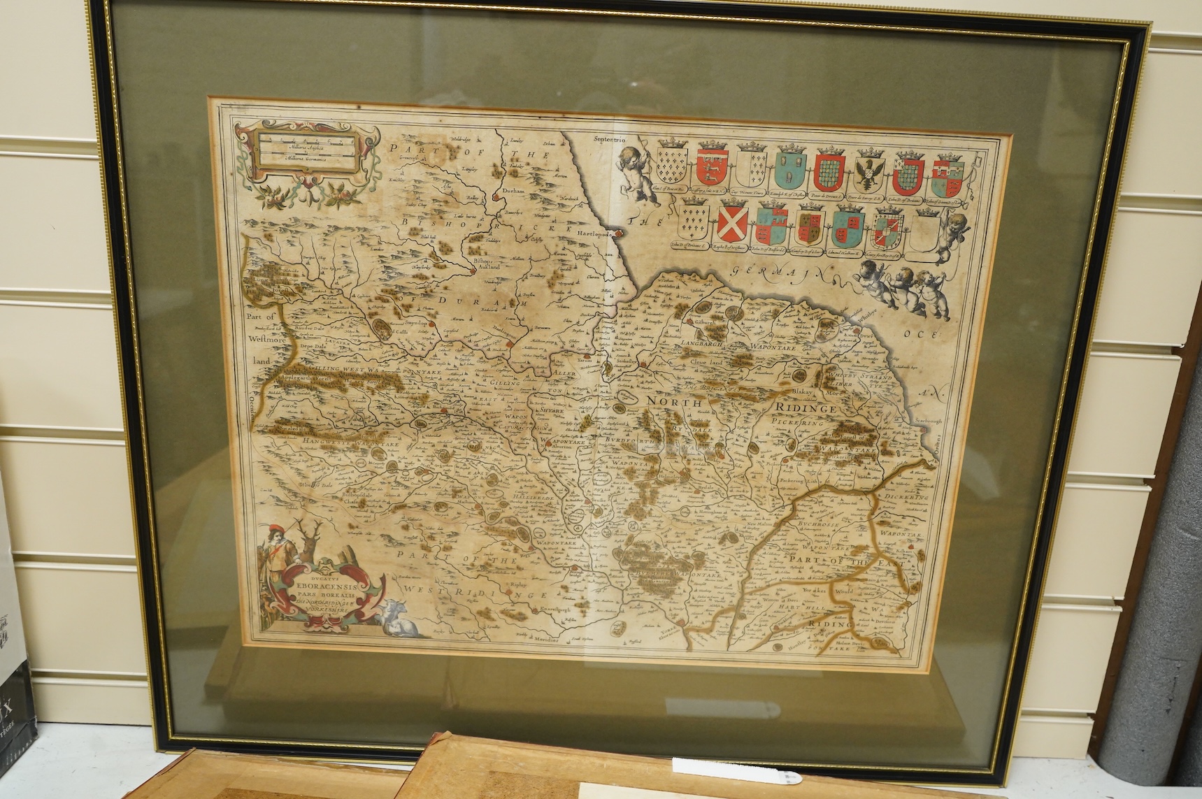 A collection of engraved maps including an example after Jan Jansson, and five late 18th century examples after J Cary, Yorkshire, published 1787 and 1793, framed, largest 38 x 50cm